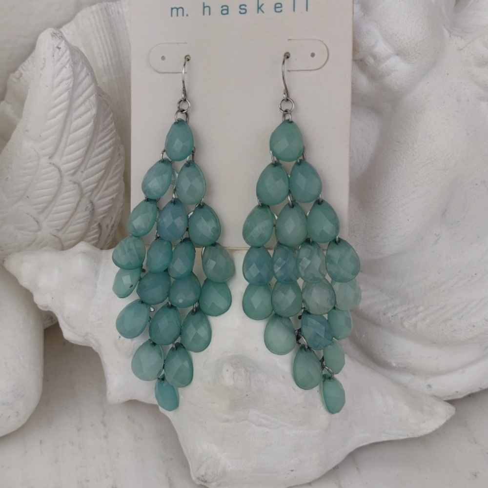 Macy's Sea Glass Green Faceted Cascading Bead Fringe Stud Earrings